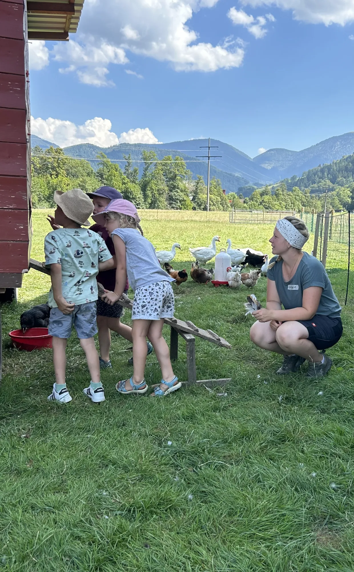 Mehrere Kinder und eine erwachsene Person stehen an einem kleinen roten Häuschen und beobachten Enten und Gänse auf einer Wiese.